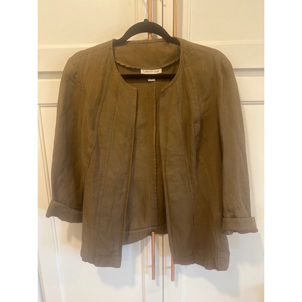 Coldwater Creek Women Brown Linen Blend Open Front Collarless Blazer Jacket 12